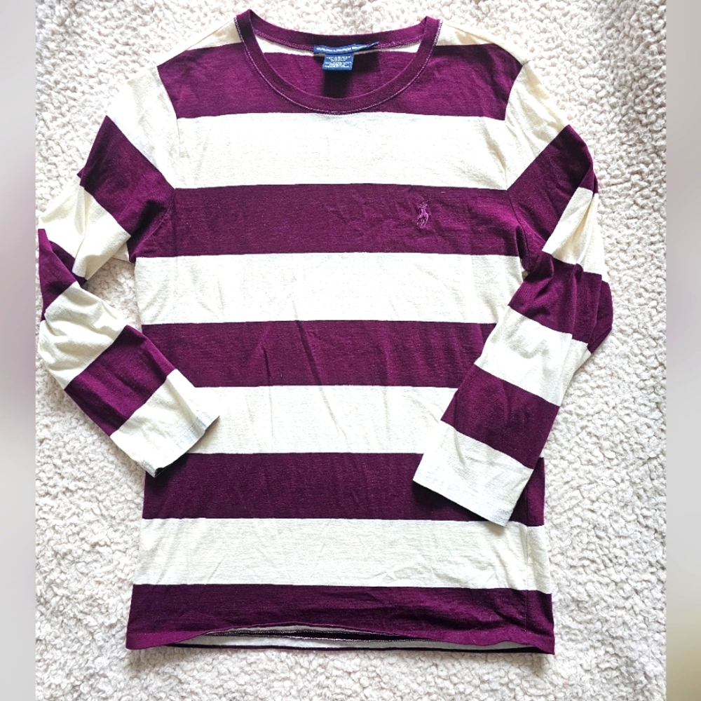 Ralph Lauren Sport Women's Long Sleeve Burgundy and White Stripe Crewneck.